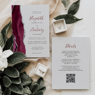 Invitación Boda Código QR Gris Ágata Plateado Borgoña Moderno