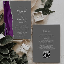 Invitación Boda Código QR Gris Plata Púrpura Moderno