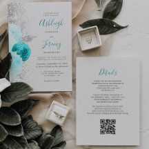 Boda Código QR Gris Plateado Floral Turquesa