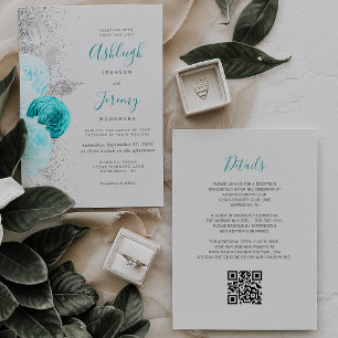 Invitación Boda Código QR Gris Plateado Floral Turquesa