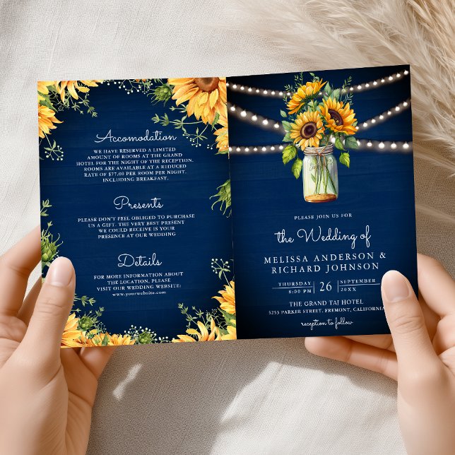 Invitación Boda Código QR Jarrón de Girasoles Azul Marino (Subido por el creador)