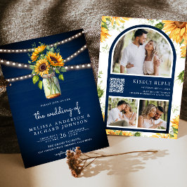 Invitación Boda Código QR Jarrón de Girasoles Azul Marino