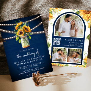 Invitación Boda Código QR Jarrón de Girasoles Azul Marino