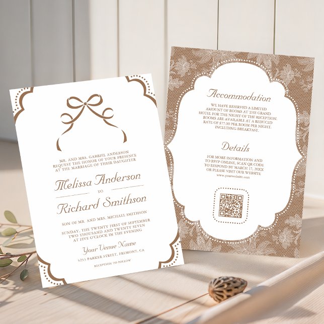 Invitación Boda Código QR Lazo Coqueta Blanco Beige Encaje (Subido por el creador)