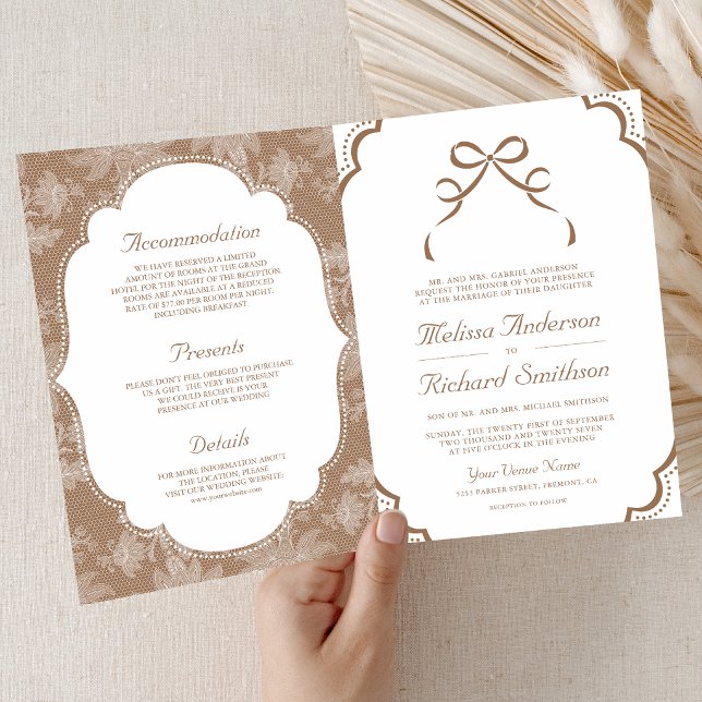 Invitación Boda Código QR Lazo Coqueta Blanco Beige Encaje (Subido por el creador)