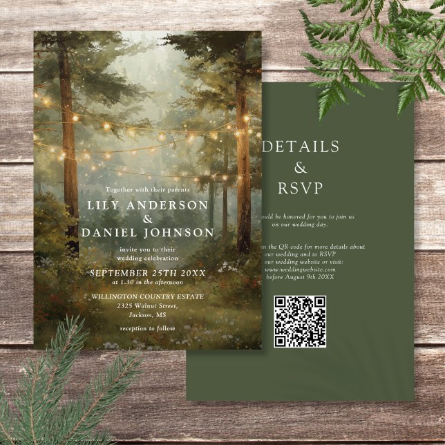 Invitación Boda Código QR Luces de Cadena Bosque Boho Rústico (Rustic Boho Forest String Lights QR Code Wedding Invitation)