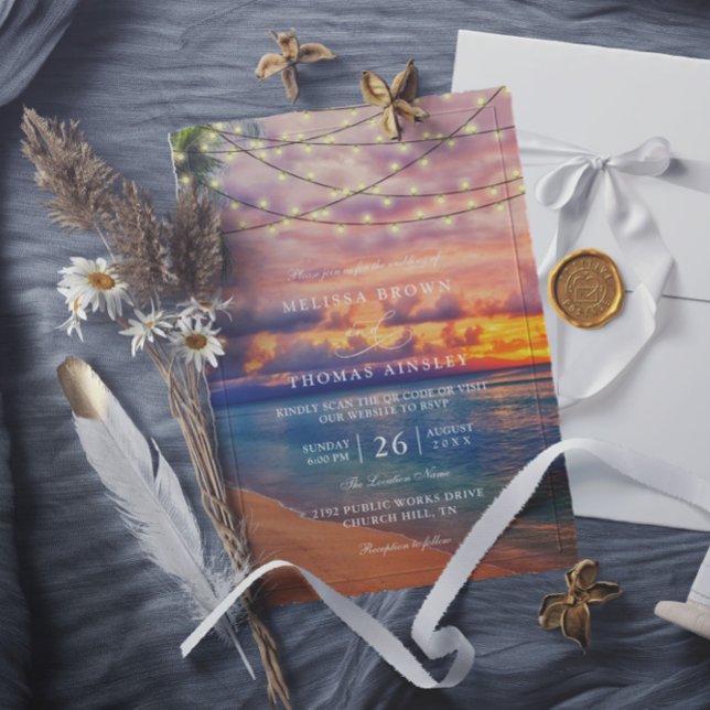 Invitación Boda Código QR Luces de Cadena Playa Puesta de Sol (Subido por el creador)