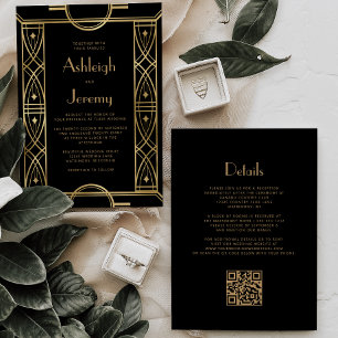 Invitación Boda Código QR Marco Vintage Deco Oro Negro