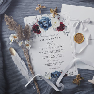 Invitación Boda Código QR Marfil Blanco Borgoña Azul Floral