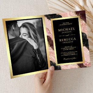 Invitación Boda Código QR Mármol Ágata Rosa Dorado Negro
