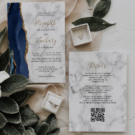 Invitación Boda Código QR Mármol Azul Marino Ágata Dorada