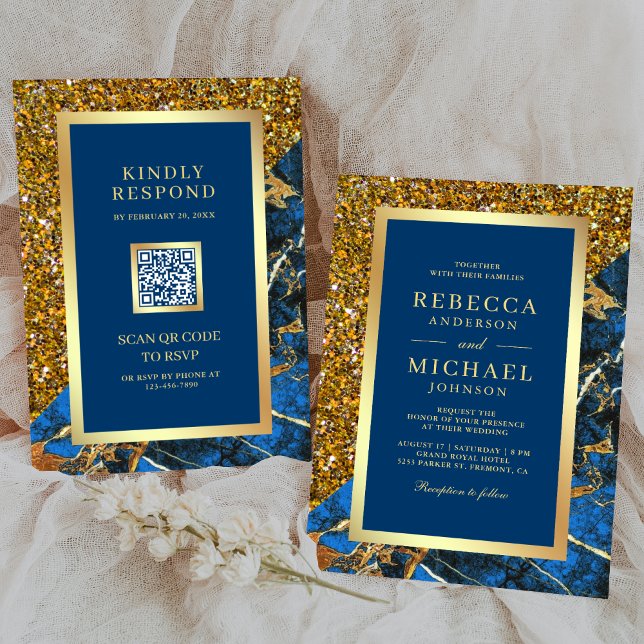 Invitación Boda Código QR Mármol Azul Real Dorado (Subido por el creador)