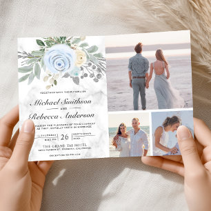 Invitación Boda Código QR Mármol Blanco Floral Azul Polvorien