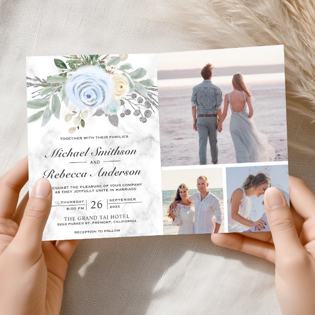 Invitación Boda Código QR Mármol Blanco Floral Azul Polvorien (Subido por el creador)