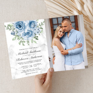 Invitación Boda Código QR Mármol Blanco Foto Rosa Azul Polvor
