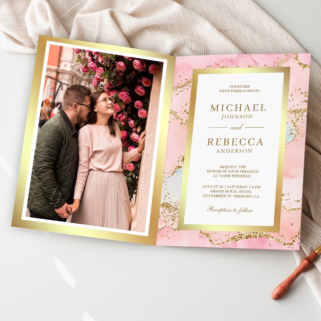 Invitación Boda Código QR Mármol Rosa Rubor Oro Ágata (Subido por el creador)