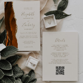 Invitación Boda Código QR Marrón Naranja Dorado Ágata Marfil