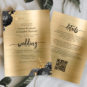Invitación Boda Código QR Metal Cepillado Floral Negro Dorado