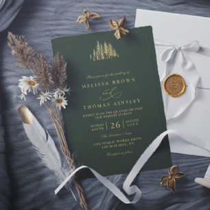 Invitación Boda Código QR Minimalista Árboles Pino Oro Rústic