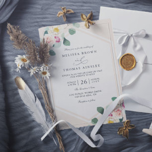 Invitación Boda Código QR Minimalista Botánico Rosa Melocoton