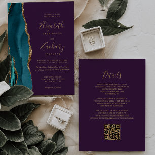 Invitación Boda Código QR Moderno Ágata Dorada Verde Turquesa