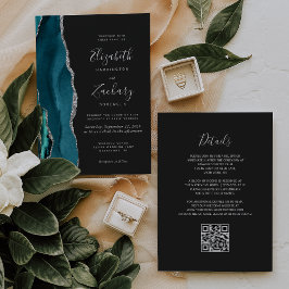 Invitación Boda Código QR Moderno Teal Plata Ágata Oscuro