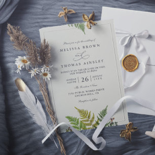 Invitación Boda Código QR Moderno Vegetación Bosque Helechos