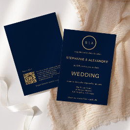 Invitación Boda Código QR Monograma Dorado Azul Marino Elegan