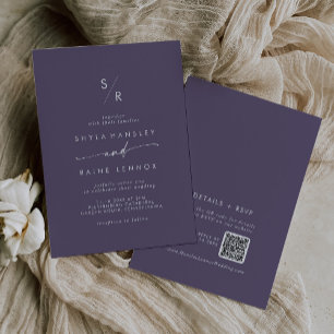 Invitación Boda Código QR Monograma Morado Boho Chic