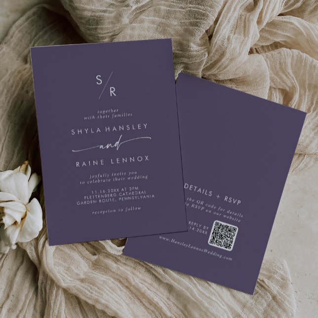 Invitación Boda Código QR Monograma Morado Boho Chic (Subido por el creador)