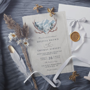 Invitación Boda Código QR Montaña Cuerno de Madera Rústico Bo