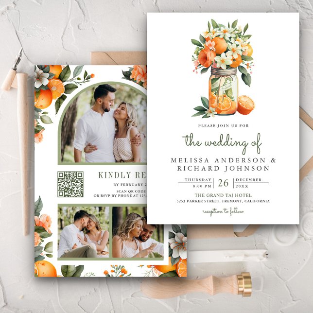 Invitación Boda Código QR Naranja Cítrico Frasco de Madera (Subido por el creador)