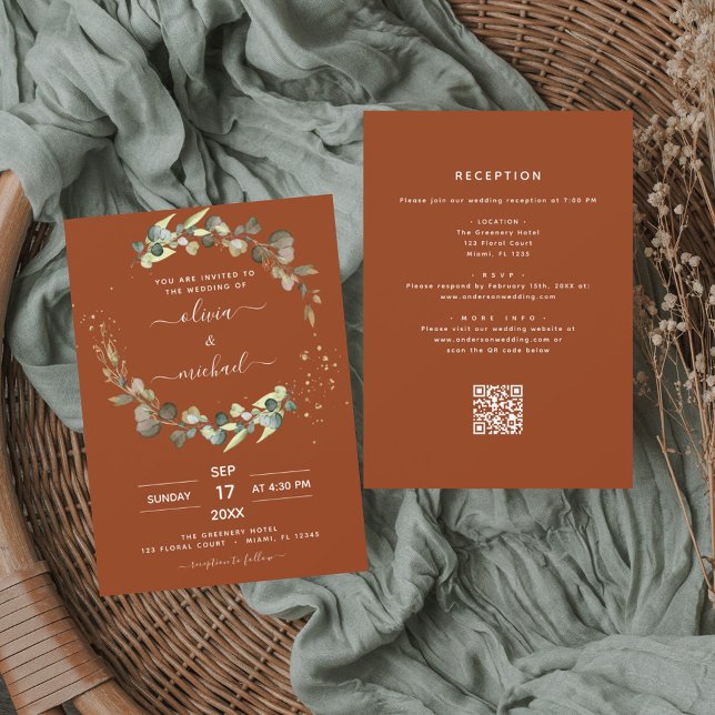 Invitación Boda Código QR Naranja Quemada Todo en Uno Eucalip (Subido por el creador)