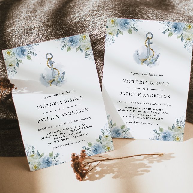 Invitación Boda Código QR Náutico Ancla Floral Acuarela (Coastal QR code wedding invitation featuring watercolor floral anchor with blue and white flowers.)