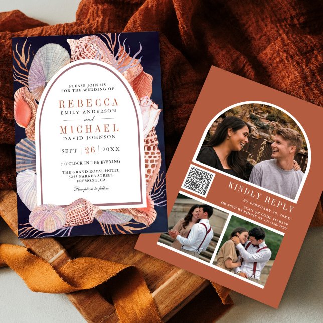 Invitación Boda Código QR Náutico Azul Marino Conchas Rústica (Subido por el creador)