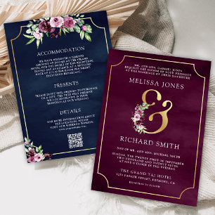 Invitación Boda Código QR Naval Ampersand Floral Ciruela Rosa