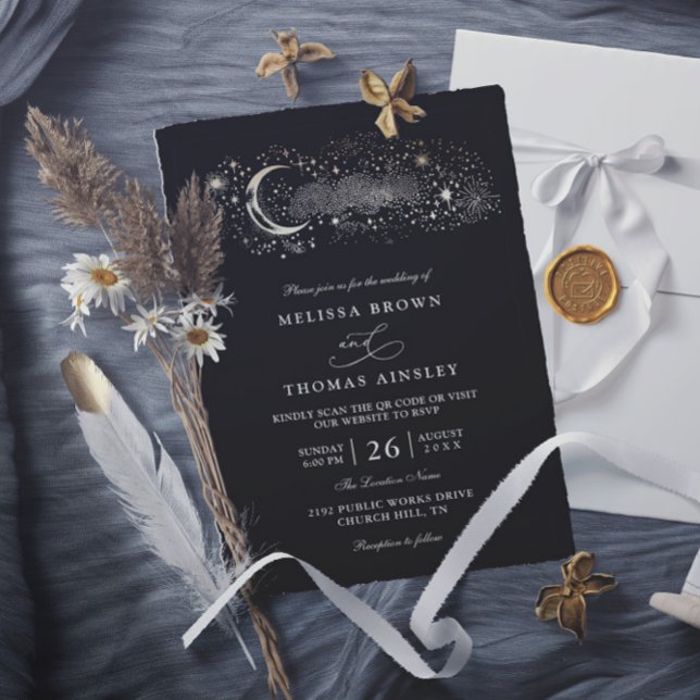 Invitación Boda Código QR Negro Celestial Estrellas Luna Boho (Subido por el creador)