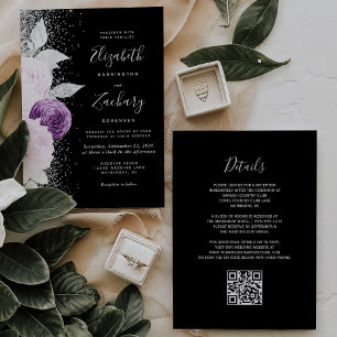 Invitación Boda Código QR Negro Purpurina Plateado Floral