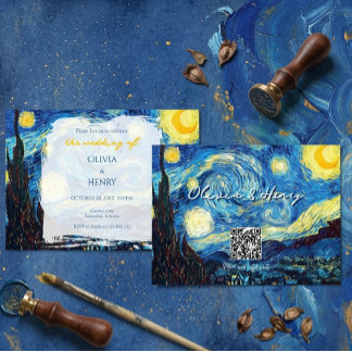 Invitación Boda Código QR Noche Estrellada de Vincent Van Gog