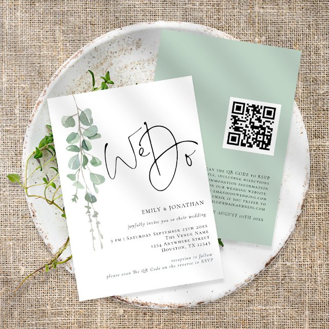 Invitación Boda Código QR Nosotros Eucalipto Moderno (Front and back view)