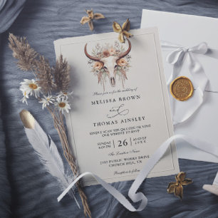 Invitación Boda Código QR Occidental Cráneo de Vaca Floral Bo