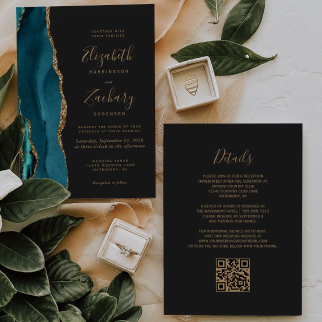 Invitación Boda Código QR Oscuro Ágata Dorada Verde Moderno (Subido por el creador)