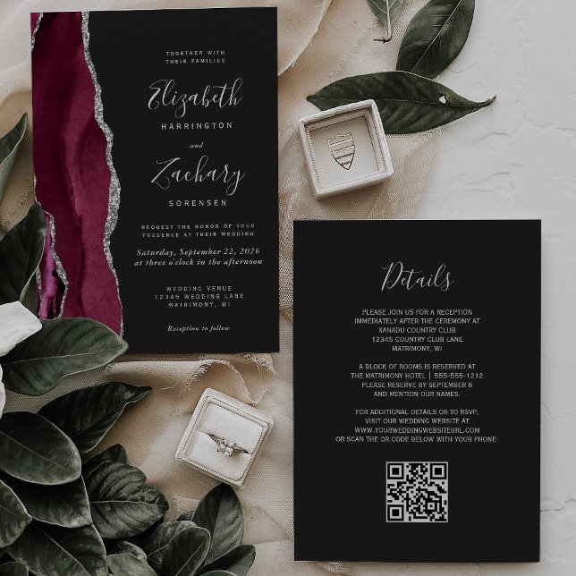 Invitación Boda Código QR Oscuro Ágata Plateada Burdeos Moder (Subido por el creador)