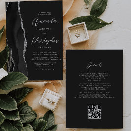 Invitación Boda Código QR Oscuro Ágata Plateada Negra