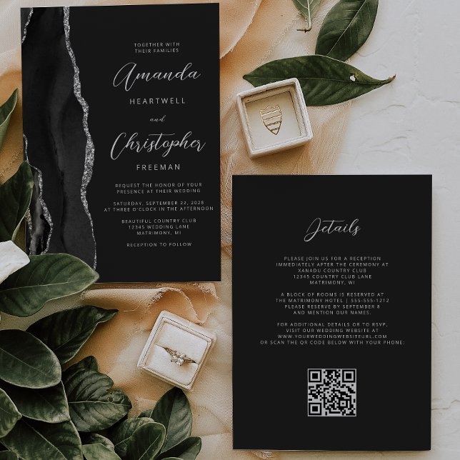 Invitación Boda Código QR Oscuro Ágata Plateada Negra (Subido por el creador)