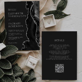 Invitación Boda Código QR Oscuro Ágata Plateada Negra