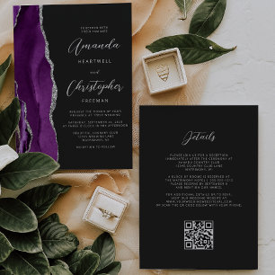 Invitación Boda Código QR Oscuro Ágata Plateada Púrpura