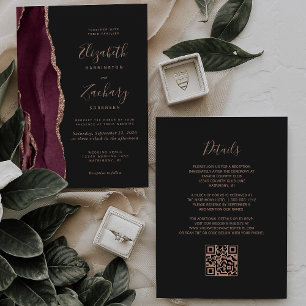Invitación Boda Código QR Oscuro Ágata Rosa Borgoña Dorado