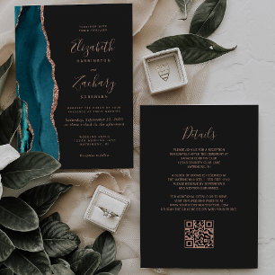 Invitación Boda Código QR Oscuro Agata Rosa Turquesa Chic Dor