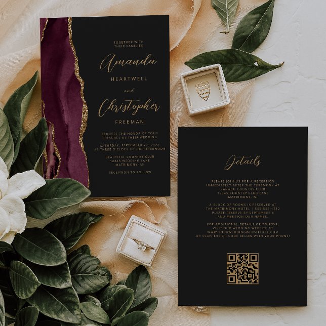 Invitación Boda Código QR Oscuro Burgundy Gold Agate (Subido por el creador)